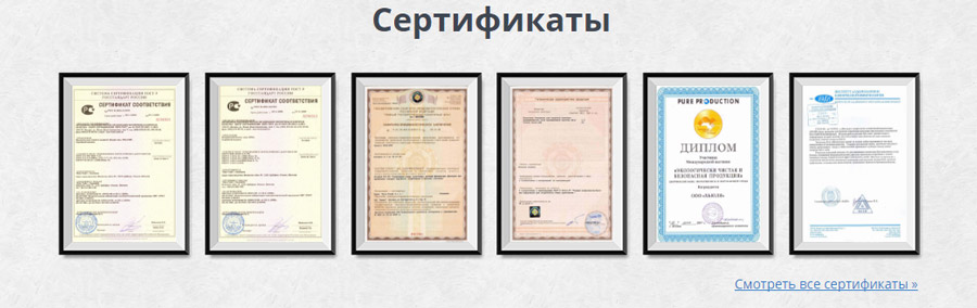 Блок с сертификатами и лицензиями на главной