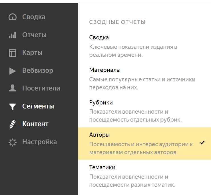 Сводный отчет «Авторы» в меню Яндекс.Метрики