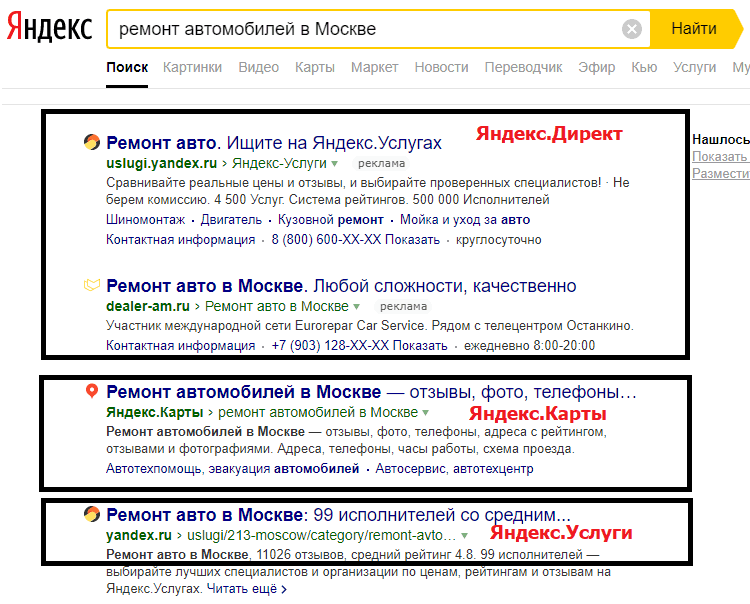 Пример сервисов Яндекса в поисковой выдаче