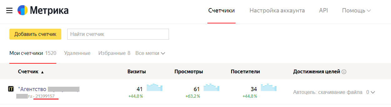 Номер счетчика на стартовой странице Яндекс.Метрике