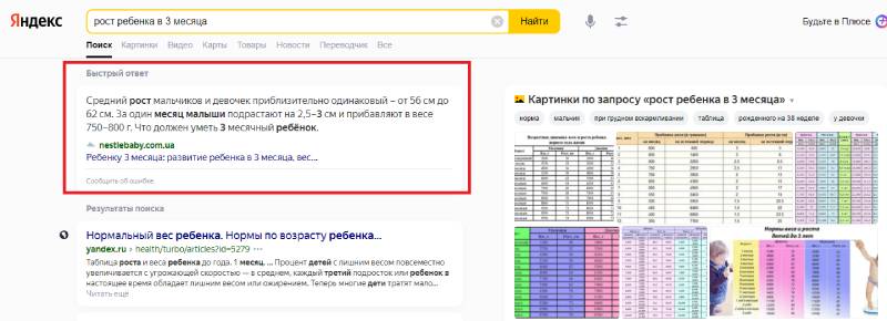 Блок быстрых ответов в Яндексе 