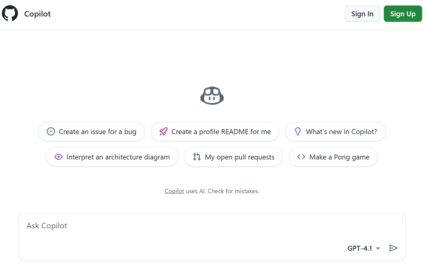 чат Copilot на сайте GitHub