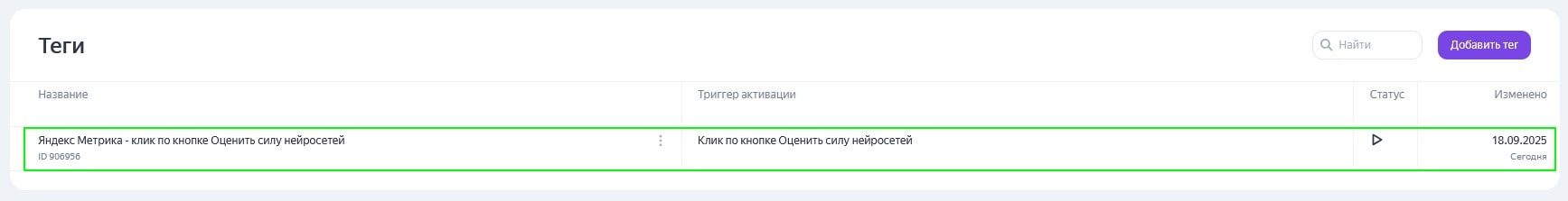 Отображение тега для отслеживания клика по кнопке в списке