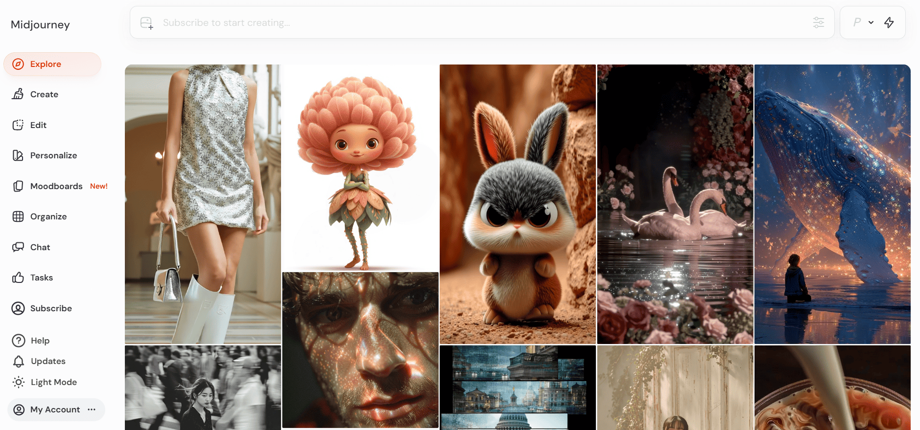 Интерфейс MidJourney с примерами генераций фото и видео