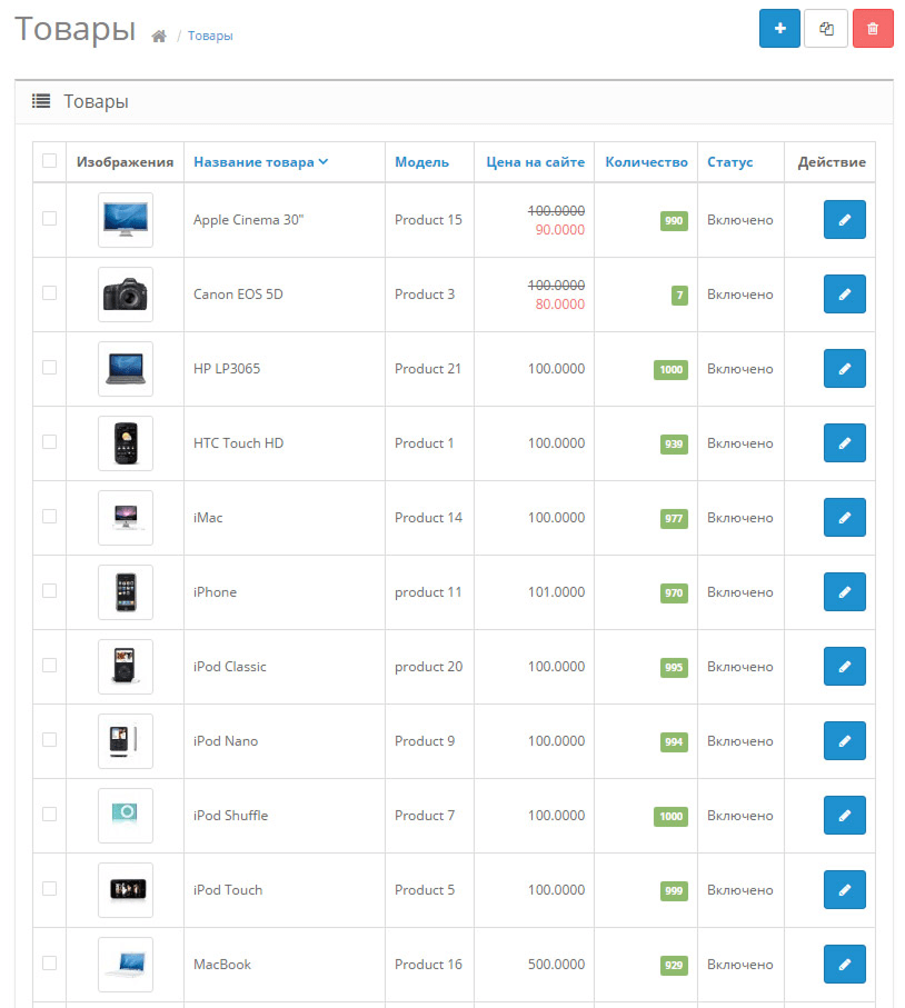 OpenCart Список товаров