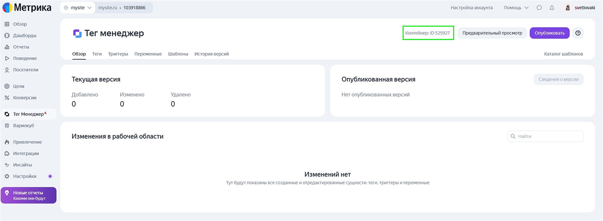 Просмотр страницы Yandex Teg менеджера