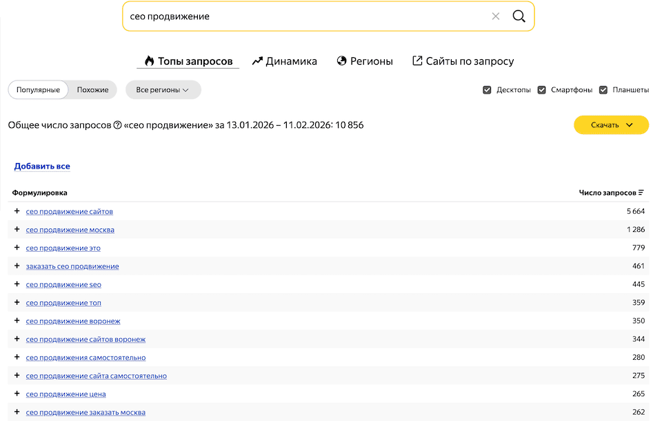 скриншот Яндекс.Вордстат