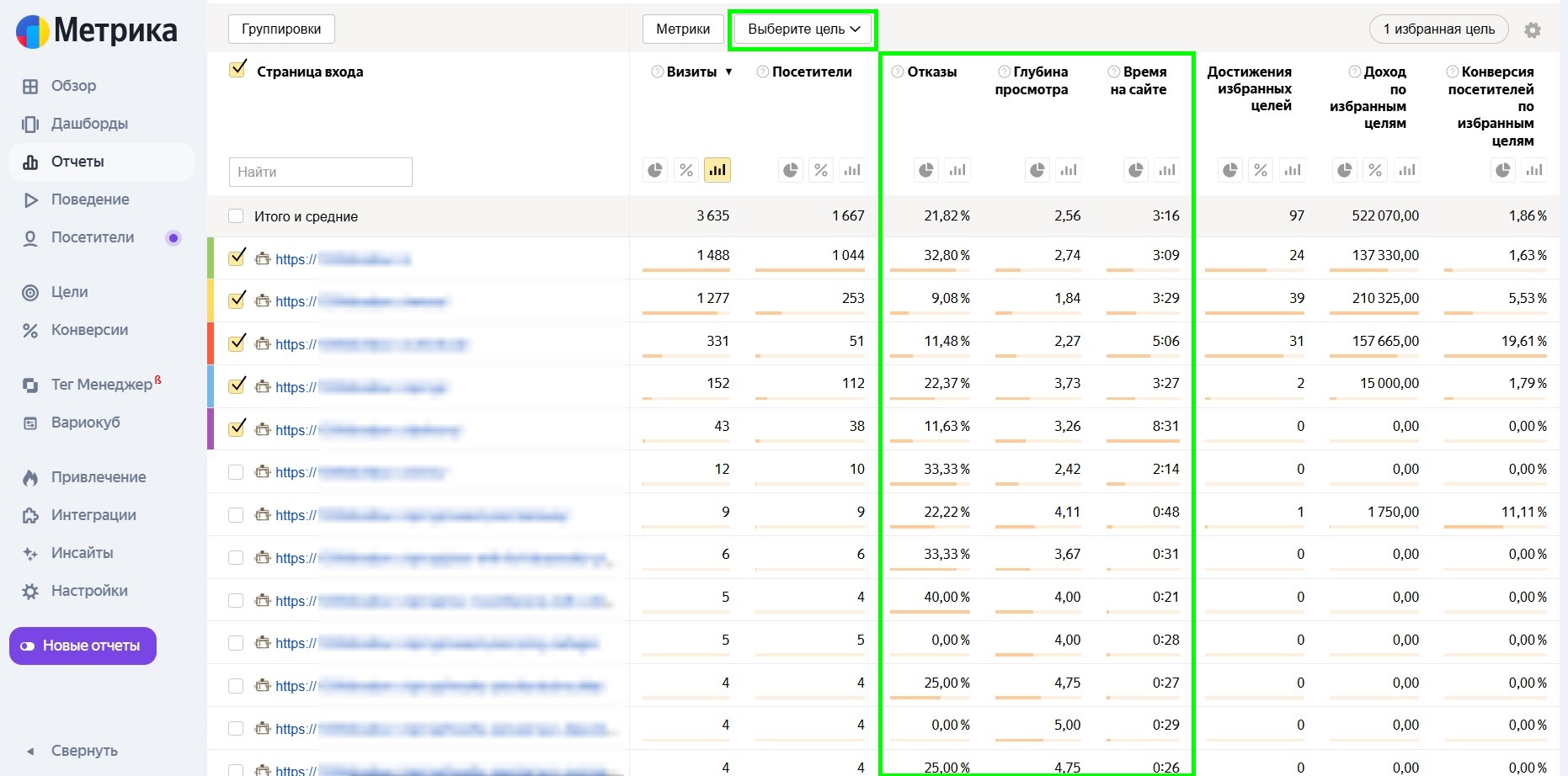 Отчет о страницах входа в Яндекс.Метрике