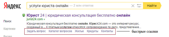 Cниппет с быстрыми ссылками Яндекс